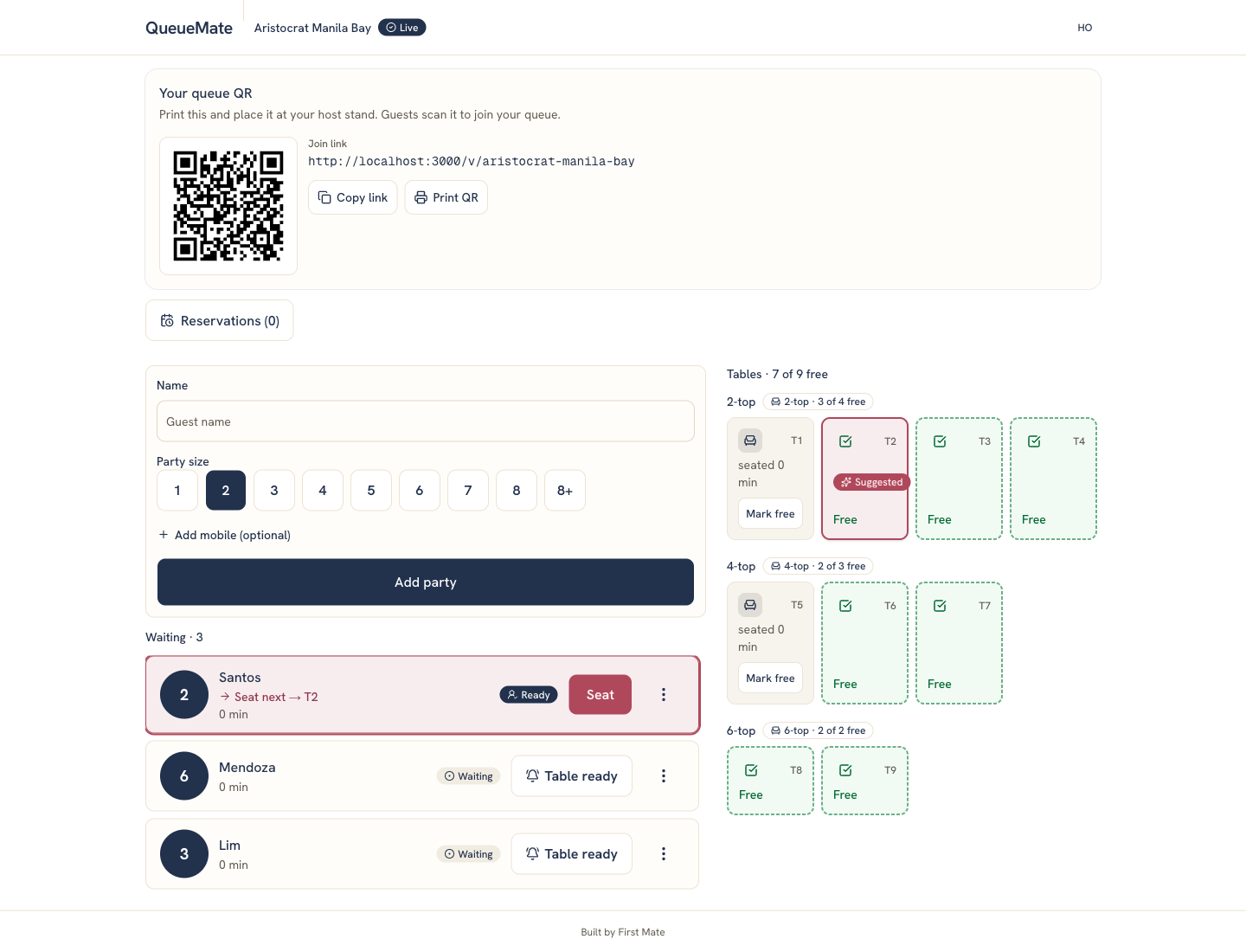 QueueMate host dashboard showing a live waiting queue and table board.