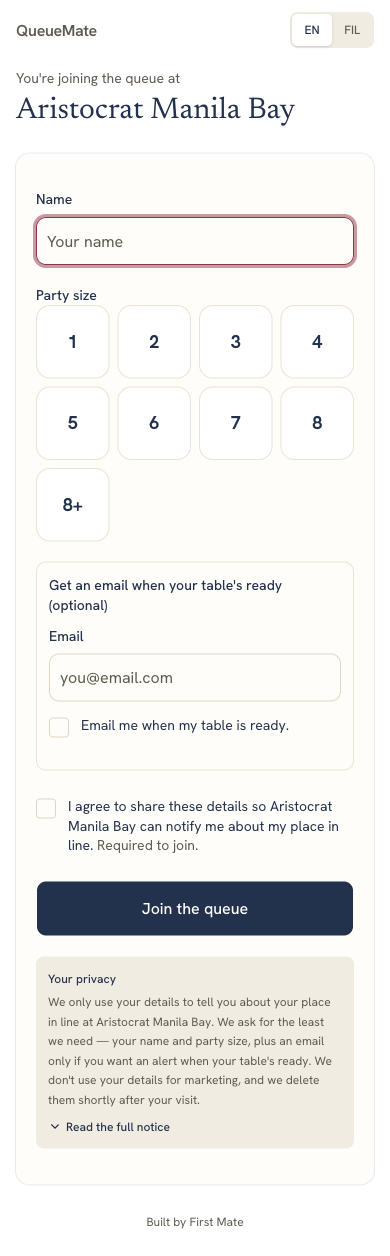 QueueMate guest flow: join the queue.