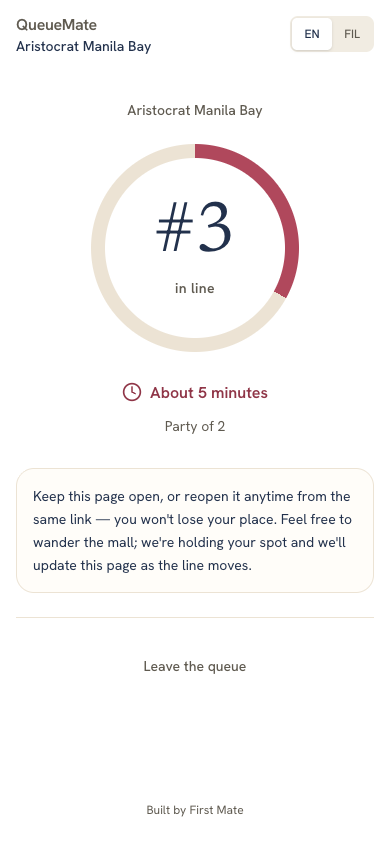 QueueMate guest flow: live position.