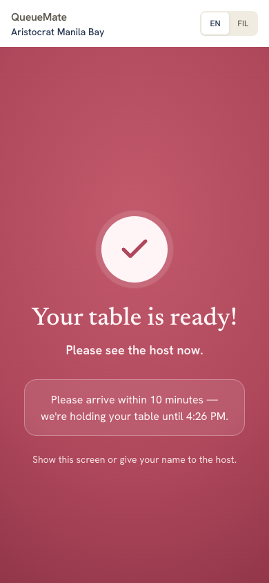 QueueMate guest flow: table-ready alert.